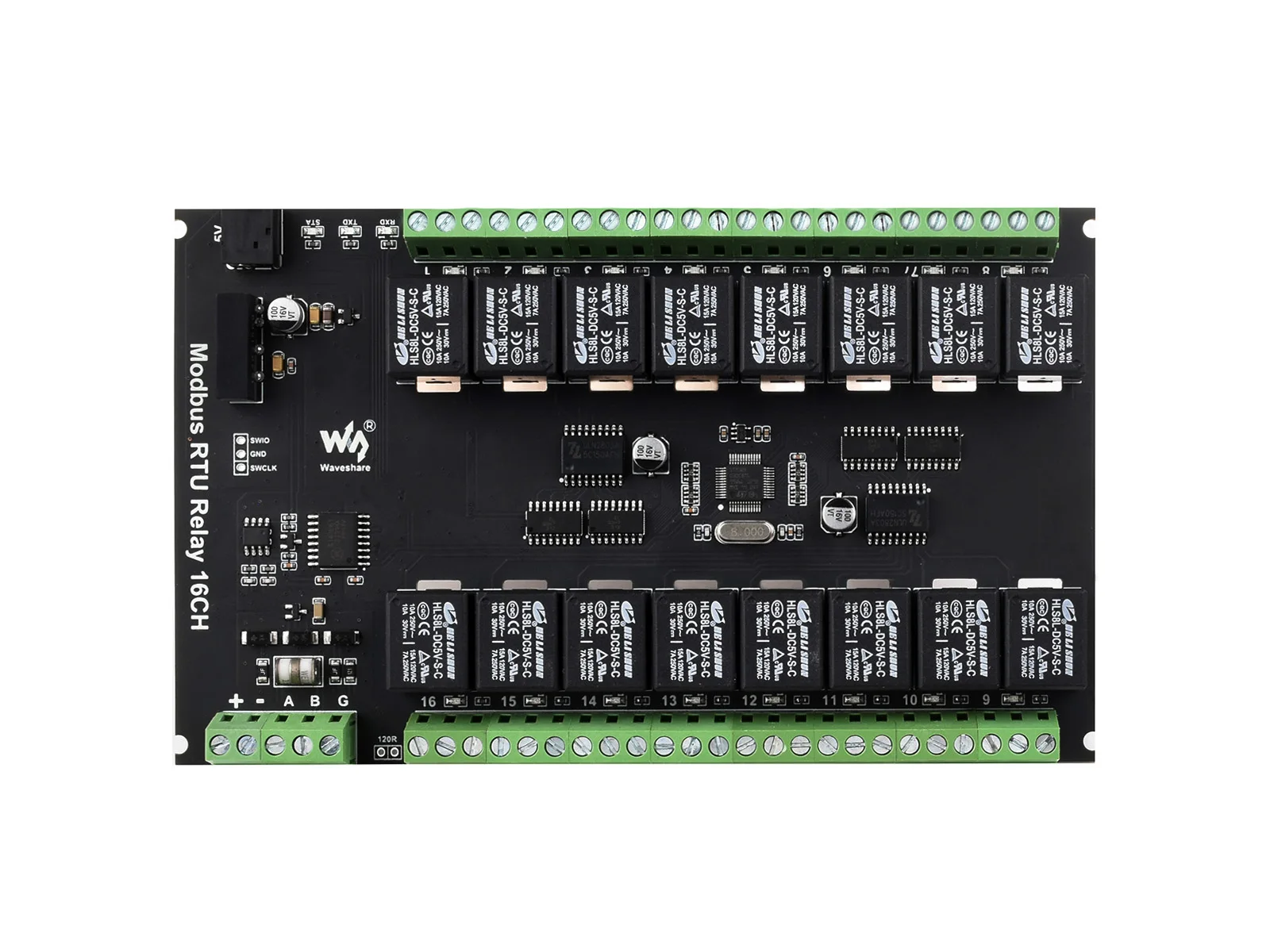 Waveshare Modbus RTU 16-Ch Relay Module, RS485 Interface, with Multiple Isolation Protection Circuits, Rail-Mount Case