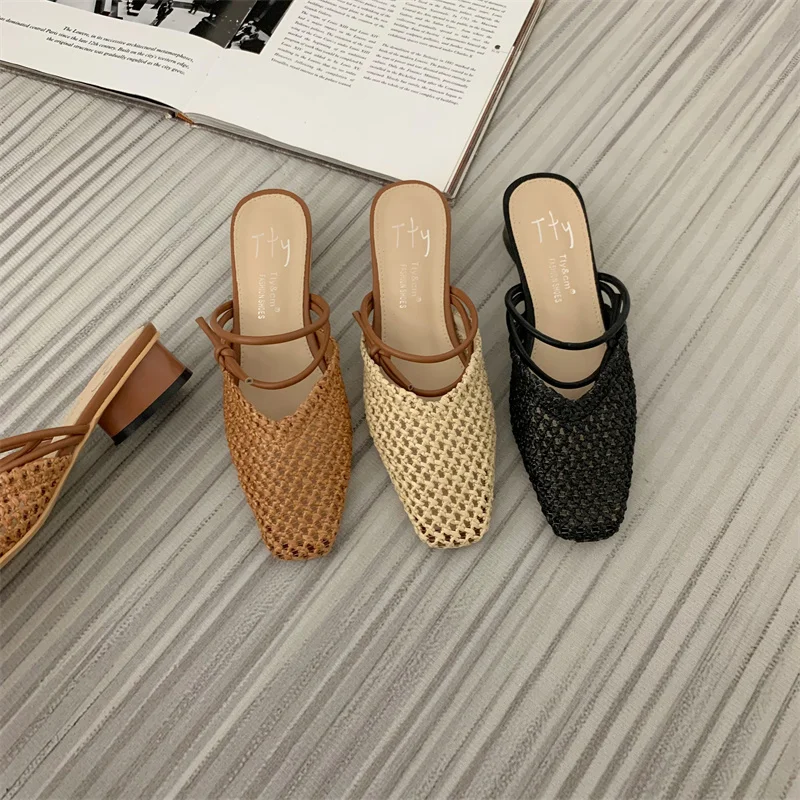 Bailamos Summer New Women Slippers Shallow Slip On Women Mules Shoes Square Low Heel Ladies SandalS Casual Outdoor Slides