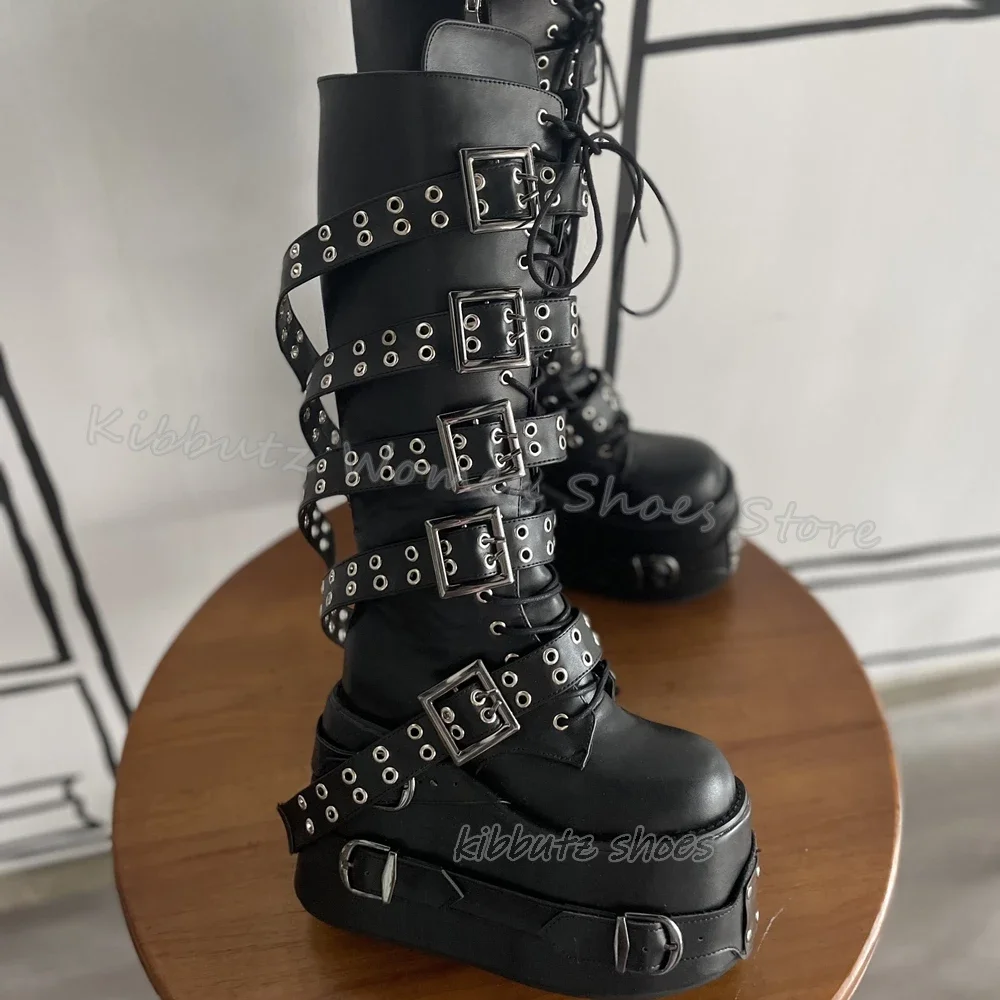 

Belt Buckles Knee High Boots Platform Round Toe Height Increasing Lace-Up Luxury Leather Solid Color Fashion Concise Sexy Newes