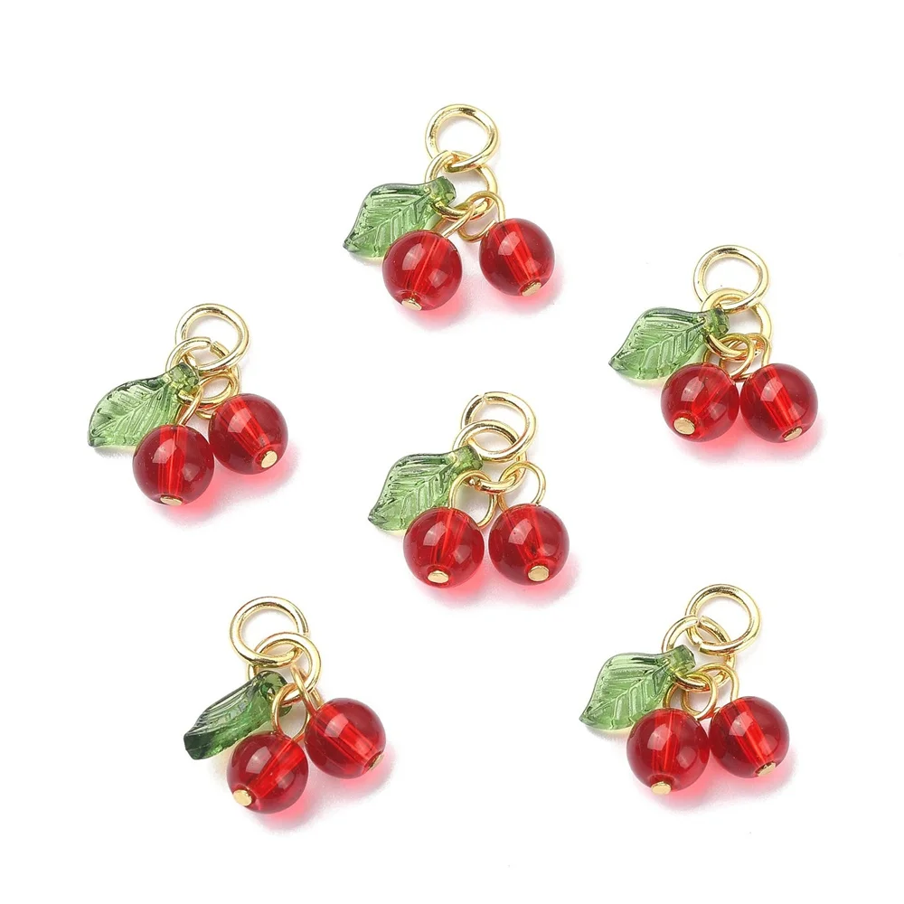 10Pcs/pack Glass 3D Red Cherry Acrylic Charms Fruit Pendants for DIY Earrings Necklaces Keychains Jewelry Making Accessories ﻿