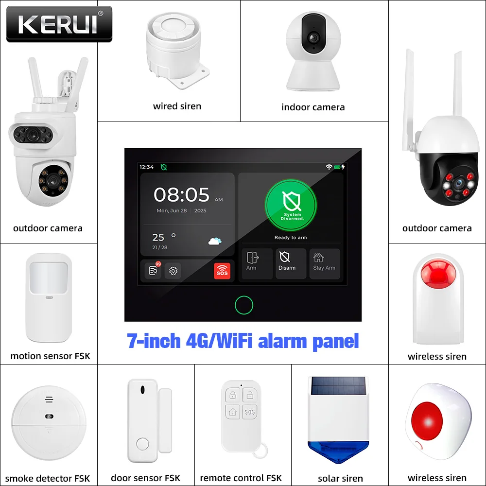 KERUI 4G/WiFi GSM Home Alarm with 7-inch IPS Large Touch Screen Panel Works with Tuya Wireless Security Alarm System Burglar
