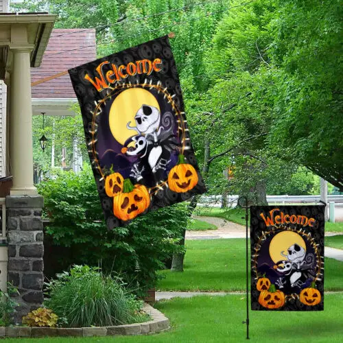 Welcome Halloween Jack Skellington Pumpkin Outdoor Indoor Garden Flag