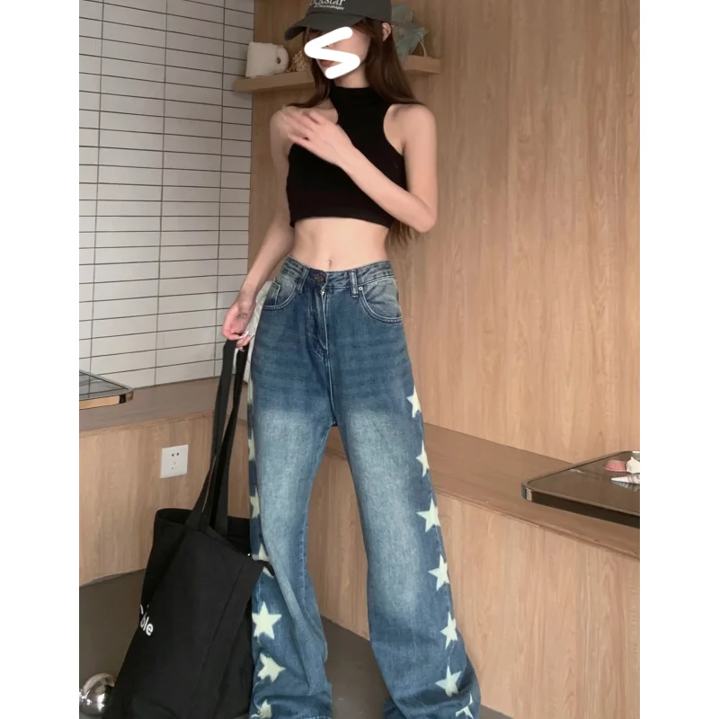 

Blue High Waist Women's Jeans Flare Pants Vintage American Fashion Street Wide Leg Jean Female Denim Trouser Baggy Denim Pants