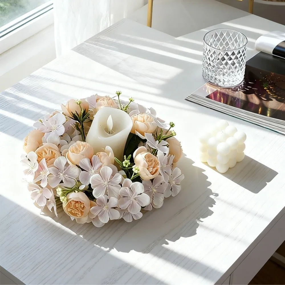 Simulated Flowers Tea Rose Ring Fake Flowers Gypsophila Cherry Blossom Ring Green Leaf High End Candlestick Wreath