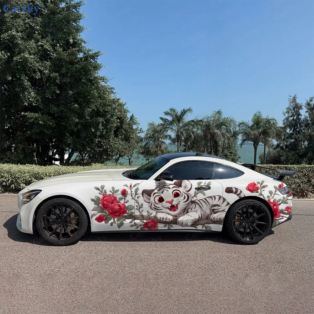 2pcs Playful Little Tiger Red Roses Car Side Wraps, Self-Adhesive PVC Waterproof & Scratch-Resistant Sticker, Car Accessory Gift