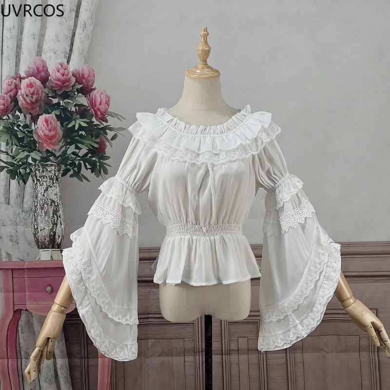 Camisas de Lolita Vintage victoriana para mujer, blusas de gasa con volantes de encaje Kawaii con cuello redondo y manga acampanada, blusas