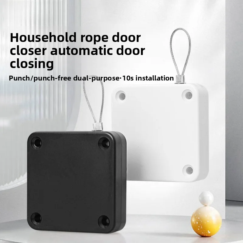No Drill Automatic Door Closer, Silent Pull String Door Closing Device for Sliding Door, Bathroom & Bedroom Door