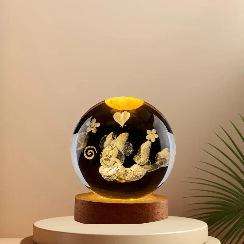 6cm Disney Mickey Mouse Crystal Ball 3D Anime Minnie Lamp Base Kawaii Crystal Glass Ball Figure Night Light Kids Birthday Gift