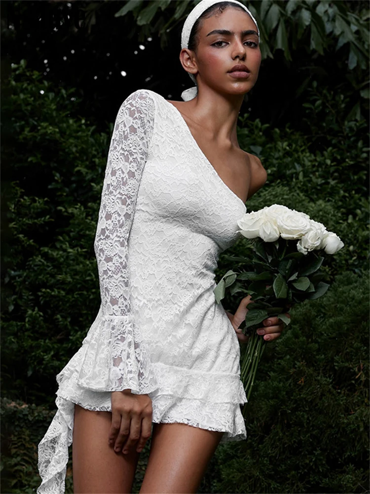 Nsauye Vintage Women Sexy Lace Party Evening Night Club Short Elegant Dress 2024 Winter One Shoulder Long Sleeve Ruffles Dress