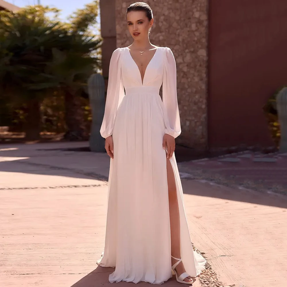 

Customized Chiffon Side Slit Wedding Dress Simple Bride V-Neck Long Sleeves Zipper Back Sweep Train Beach Bridal Gowns Vestidos