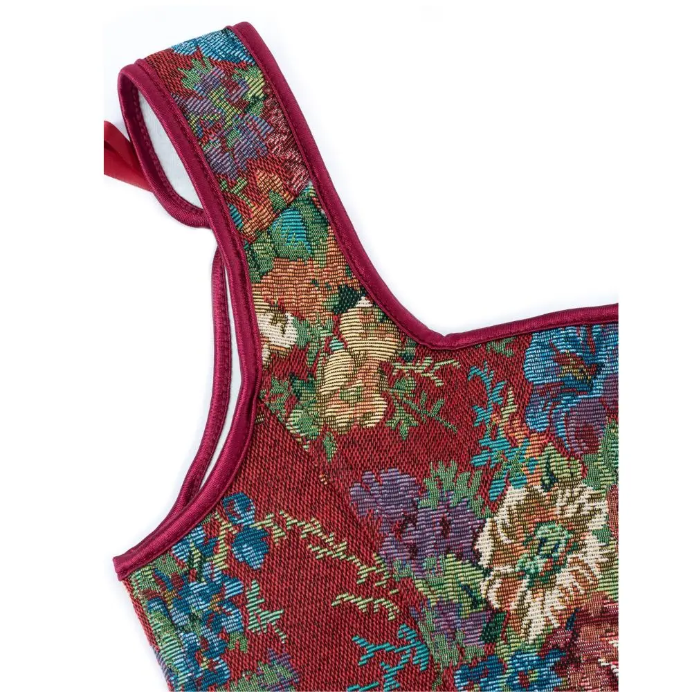 Korset berlapis merah peony dengan rompi yang diikat dan tali untuk korset pengadilan