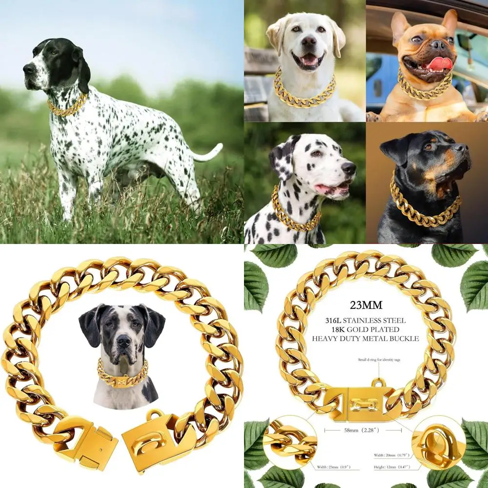 

24-ошейник-цепочка для собак среднего размера с золотыми кубинскими звеньями — прочный и устойчивый к жеванию тренировочный ошейник