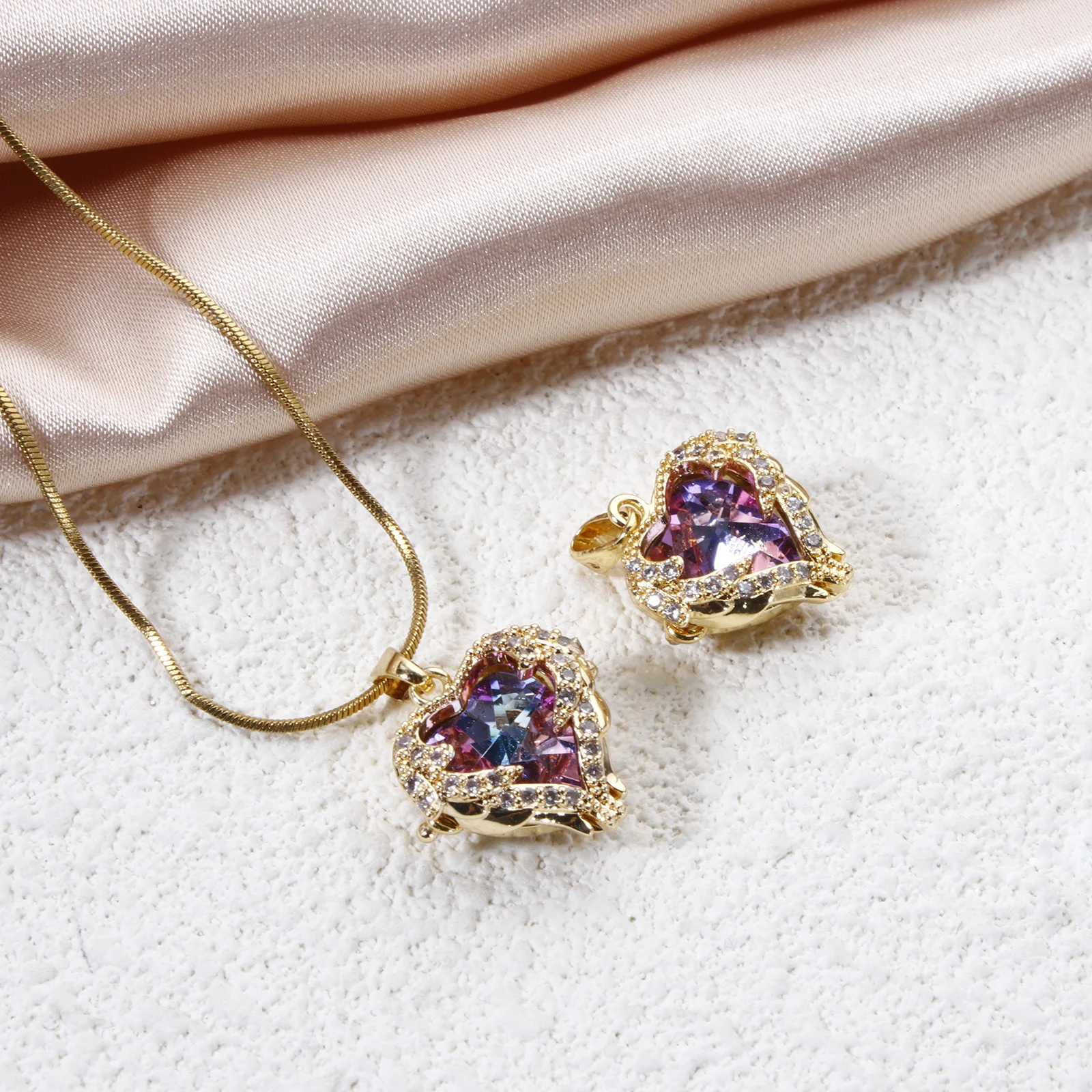 2 PCs Brass & Glass Valentine's Day Charm Pendant 18K Gold Plated AB Rainbow Color Heart Clear Cubic Zirconia 21mm x 16mm