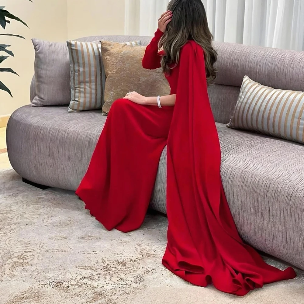 

Customized Jersey Straight One Shoulder Evening Dress O-neck Long Sleeves Floor Length Watteau Train Red Classic Party Gowns