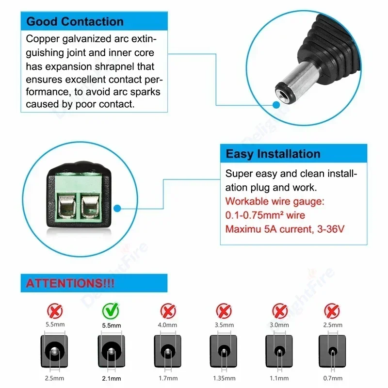 5/10 pcs 5.5mm*2.1mm Male DC Power Connector 5V 12V 24V Barrel DC Jack Plug Connectors For CCTV Security Camera AC Power Adapter