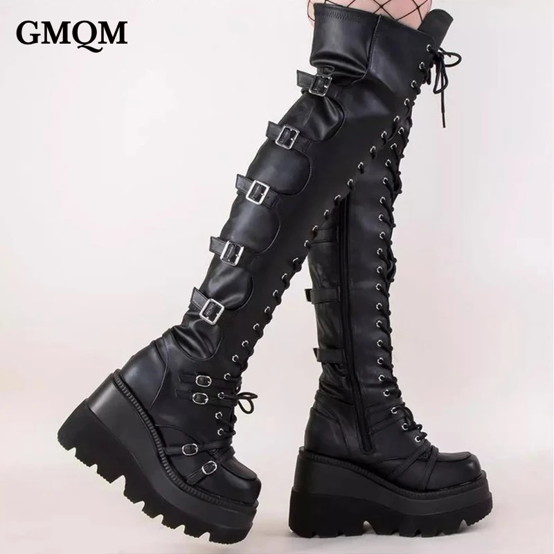 GMQM Platform Fashion Women‘s Over The Knee Boots New Platform High Heels Lace-Up Sexy Punk Style Long Boots Knee High Boots