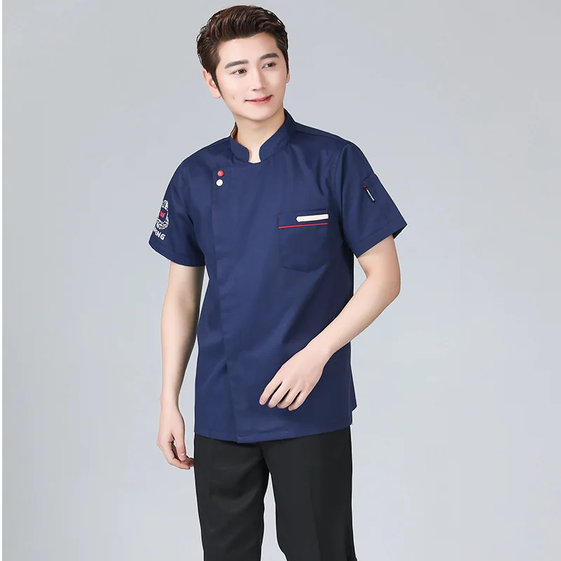 Ropa de trabajo de Chef de manga corta para hombre, uniforme de Chef de restaurante de Hotel de verano, ropa de trabajo larga de Chef negra fina transpirable de manga corta