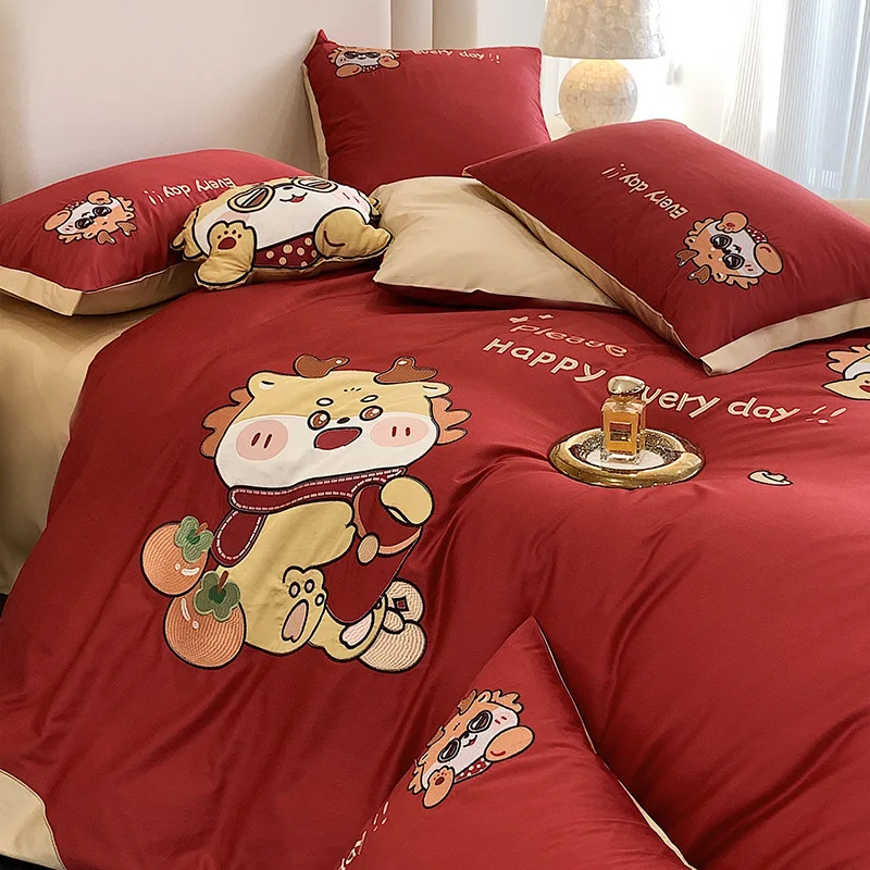 New 100S Cotton Satin Long-Staple Cotton Dragon Year Limited Affixed Cloth Embroidered Four-Piece Set