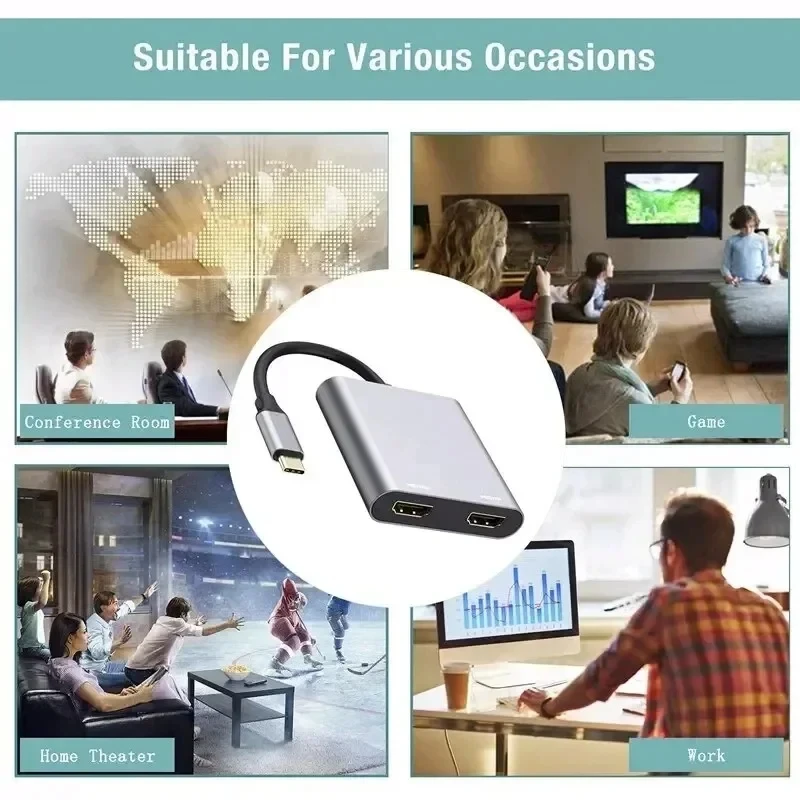 Type C to Dual HDMI Splitter 4K@60Hz 60W PD With Charging USB A Dual HD Adapter Hub Converter Cable For MacBook iPhone Laptop view 4