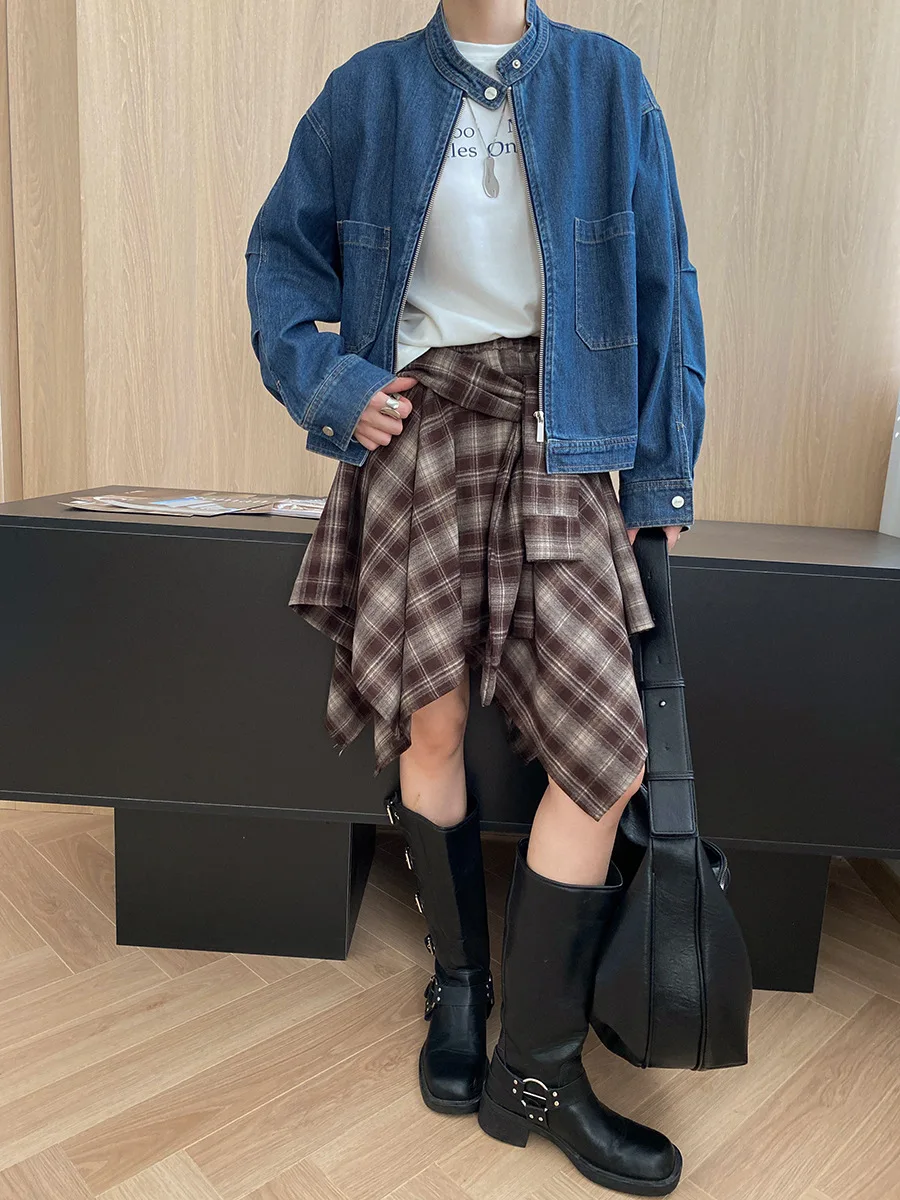 Women Denim Short Coats Solid Jackets Stand Collar Double Zipper Long Sleeves Loose Fit Office Lady Casual 2025 Spring Autumn