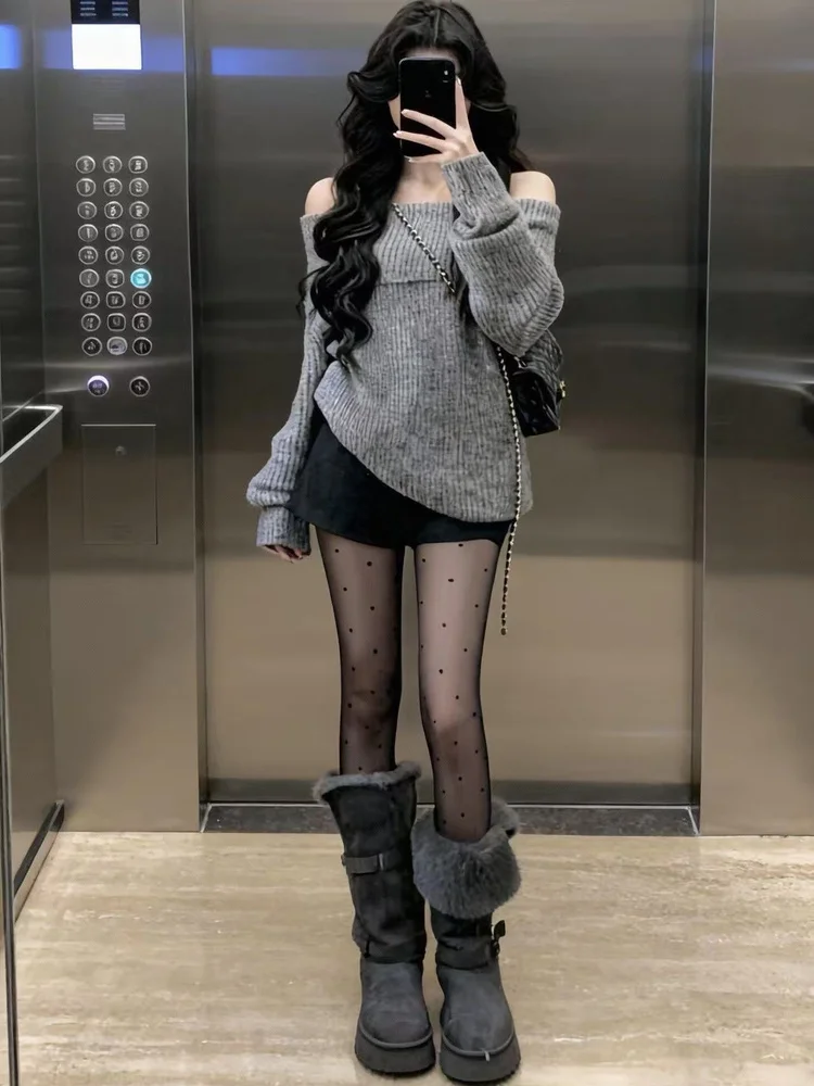 فضفاضة تناسب الكورية Sle كسول واحد الكتف سترة المرأة الخريف الشتاء جديد Faion لينة محبوك أعلى مريحة طويلة Sve #1