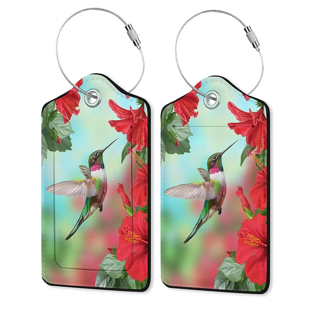 

2 Pack Leather Luggage Tag for Suitcase Hummingbird and Hibiscus Unique Travel Tags with Privacy Cover ID Label & Stainless S