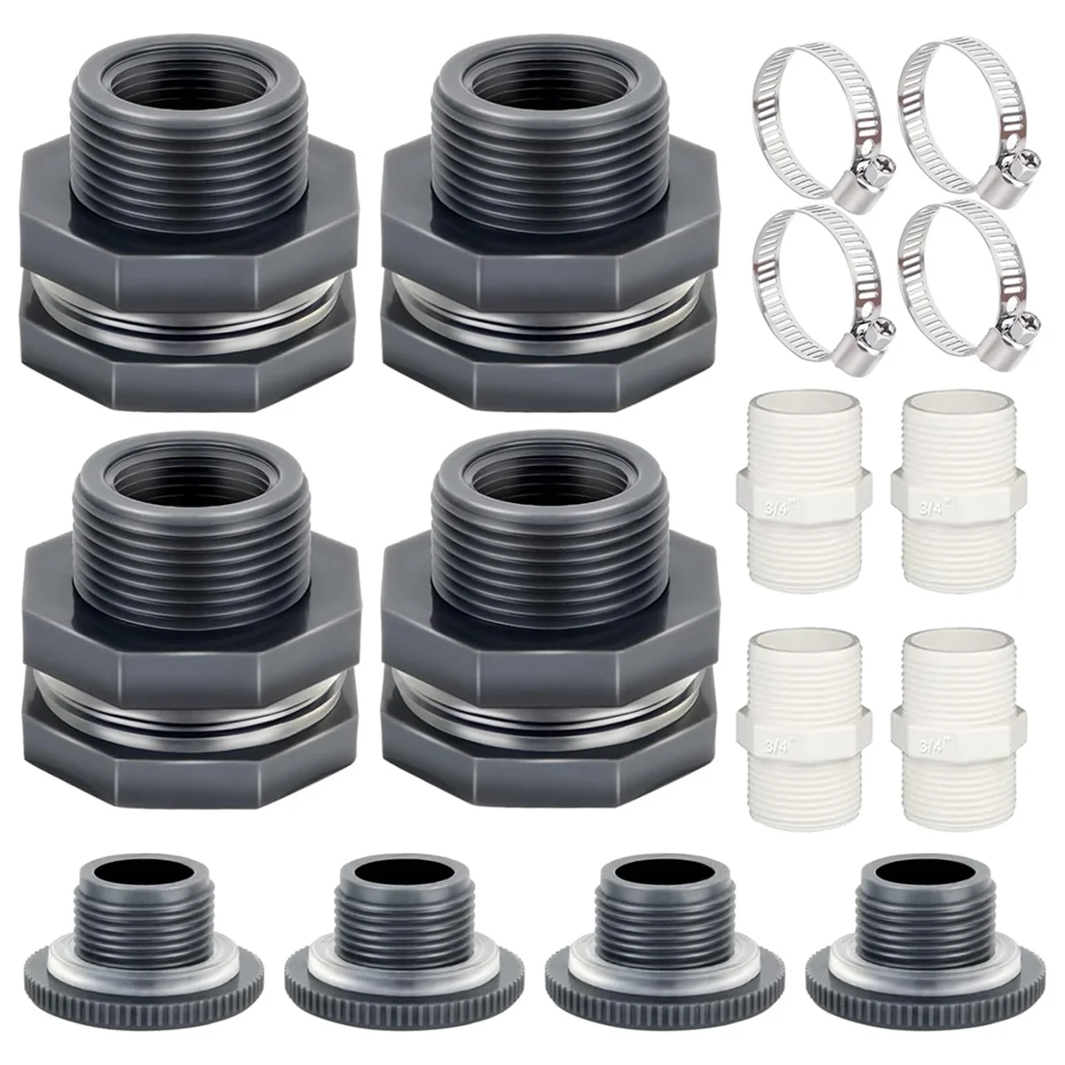 

PVC Bulkhead Fitting 3/4 Inch with Plugs,Garden Hose Adapter with Clamp Kit,Water Tank Connector,Thru-Bulk Pipe Fitting