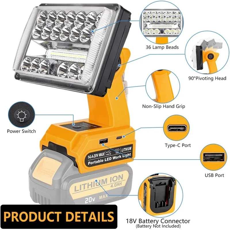 for Dewalt 18-20V Li-ion Battery Wireless LED Work Light Outdoor Lighting Flashlight Emergency Flood Lamp Spotlight 3/5/8/9 inch