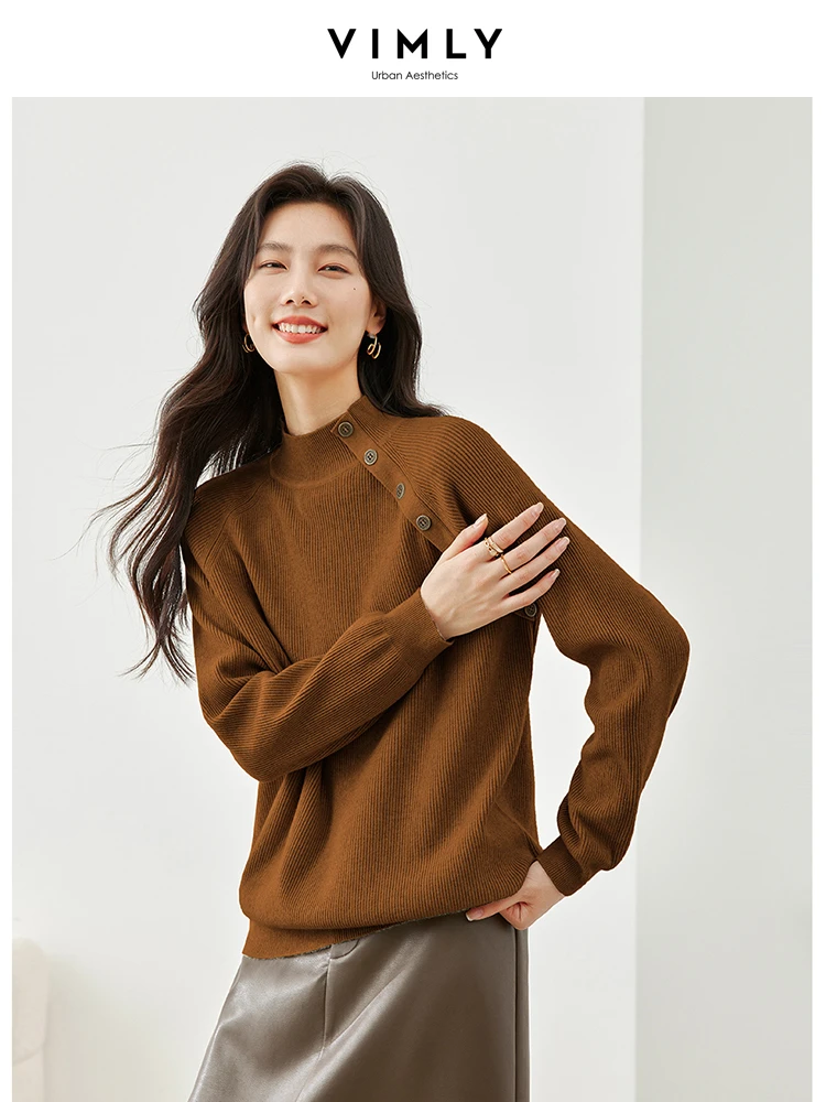 VIMLY Women Spring/Autumn Pullover High Collar Knitwear 2024 Loose Vintage Thick Warm Solid Sweater Winter Bottoming Top 16160