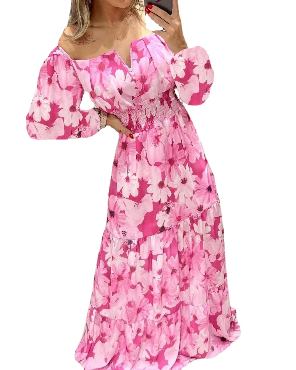 Women\'s Dresses 2022 Summer Vintage Print Off The Shoulder Casual V Neck Long Sleeved Waist Slim Maxi Dress
