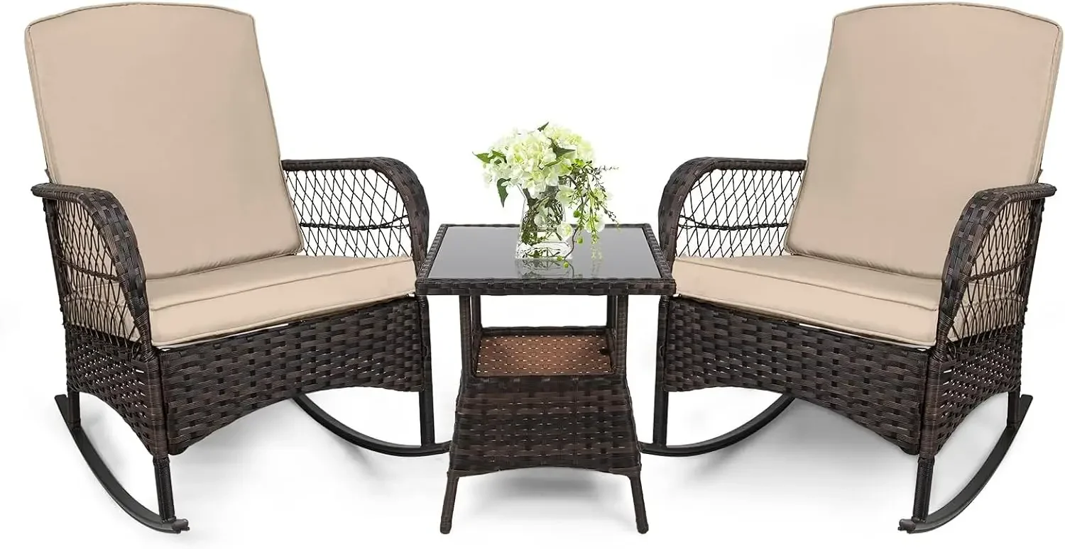 3 pcs Rocking Bistro Set Conversation Chairs PE Wicker Outdoor Rocking Chairs & Glass Table,for Porch Lawn Garden Backyard Deck(