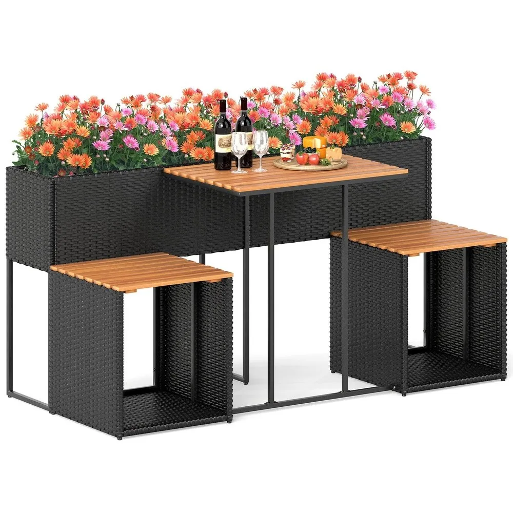 Patio Furniture Set with Raised Garden Bed Rattan Table Chairs Set with Storage Acacia Wood Outdoor Seating and Flower