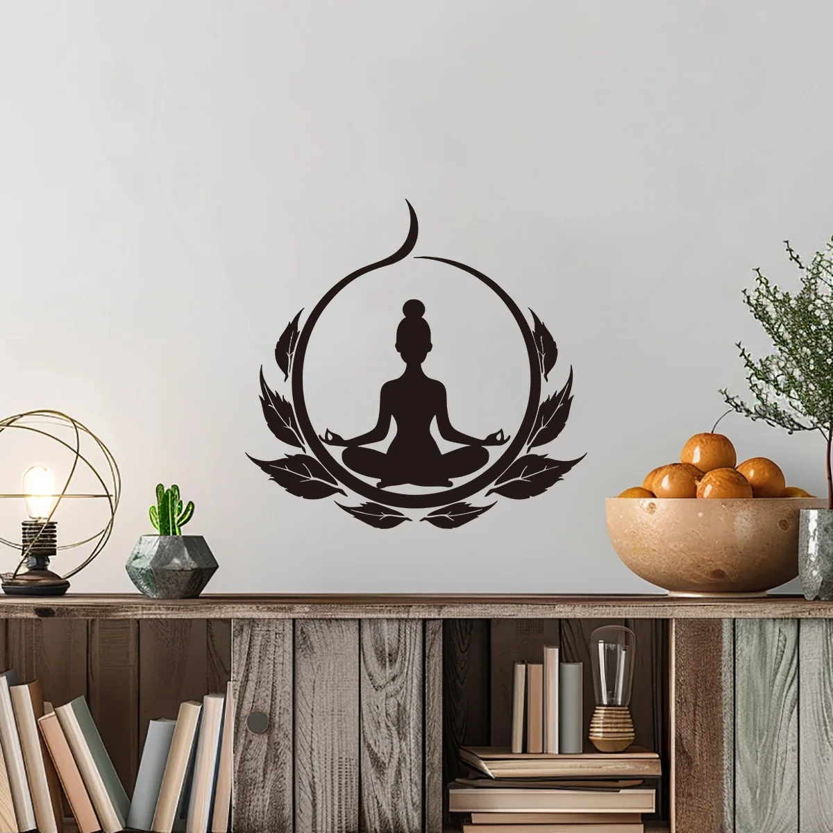 Vinilo Decorativo de Pared con Silueta de Yoga y Meditación - Postura Zen de Loto con Corona de Hojas, Adhesivo Removible, Decoración Espiritual
