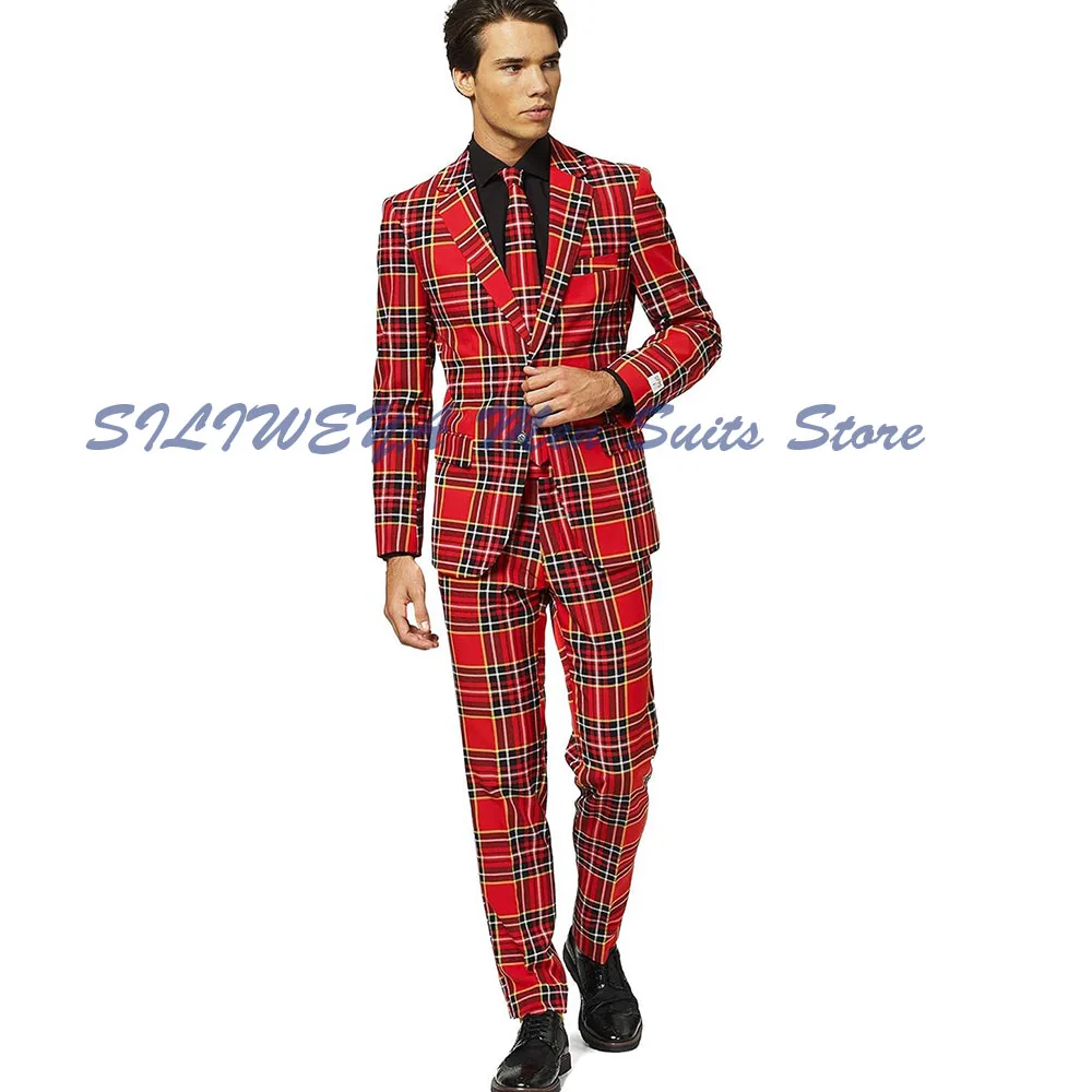 

Red Grid stripe Causal Men Suits 2 Pieces Jacket Pants No Tie Notch Collar High Qualty Single Breasted Stylish Men Suits