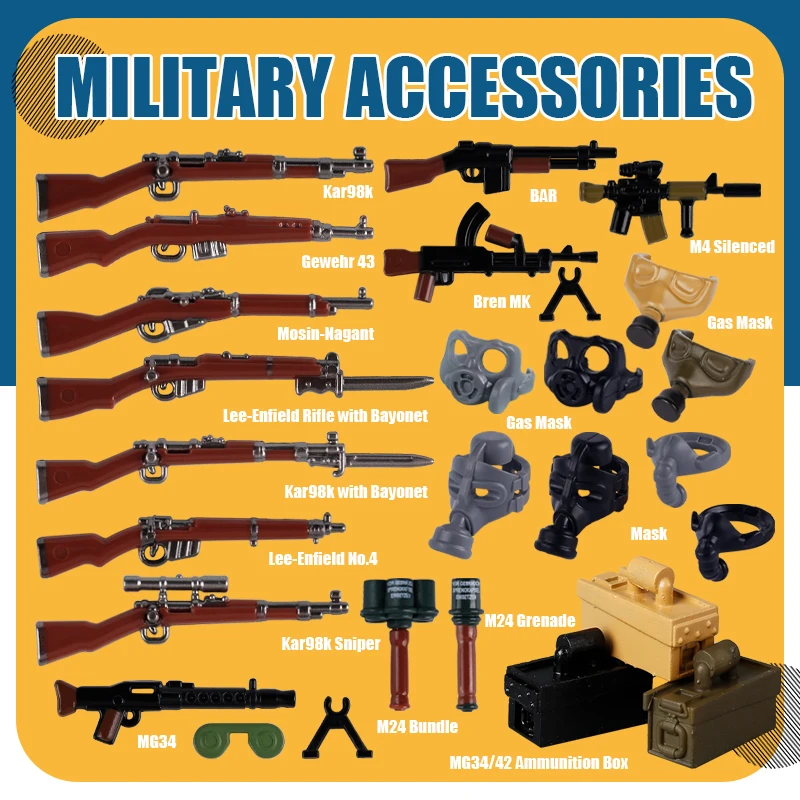 

WW2 Military Army Guns Building Blocks 98K MG34 Rifle Gas Mask Ammunition Box Soldier Figure Parts Accessories Bricks Toy Gifts