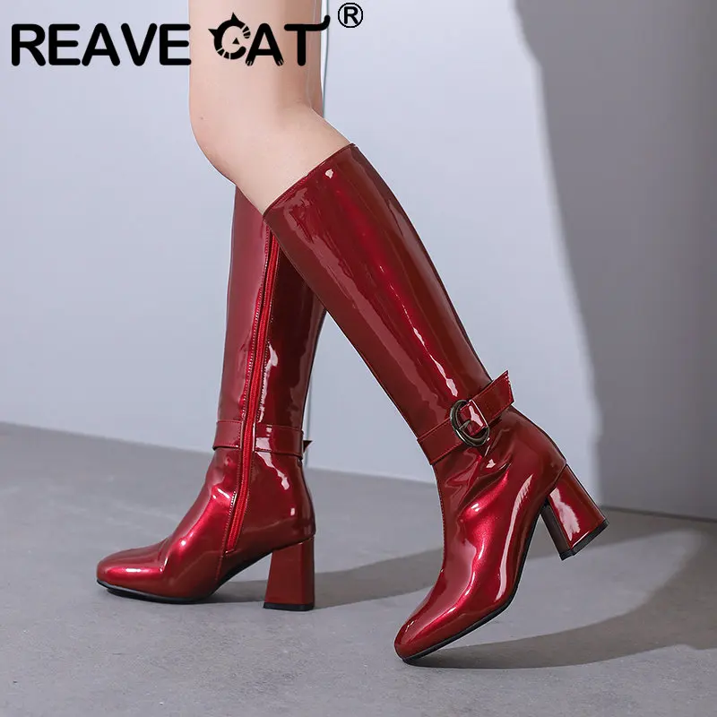 REAVE CAT Concsie Stivali alti al ginocchio da donna Tacchi alti con punta tonda 6,5 cm Scarpe in pelle verniciata Taglia grande 47 48 Bota