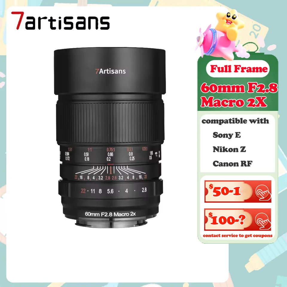 Lente Macro de fotograma completo de 7artisans MF 60mm F2.8 Macro 2x lente para fotografía Macro con Sony A7III Nikon Z50 Canon R5