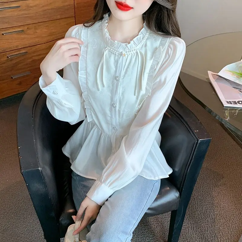 New Chinese Woman Top Style Frill Ruffle Chiffon Shirts & Blouses For Women Xxl Aesthetic Hot Elegant Social Luxury Designer Xl