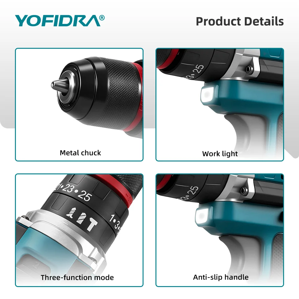 YOFIDRA 3-in-1 Elektrischer Schlagbohrer 25+3 Drehmomentstufen Handgeführter Akku-Schlagbohrer Holzbearbeitungs-Elektrowerkzeug für Makita 21V Akku – Detail 13