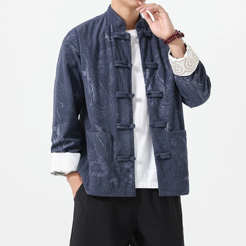 

Retro Artistic Corduroy Long Sve Jaet New Chinese Sle Men's Outerwear Autumn Winter Warm Thiened Stand Collar Coat