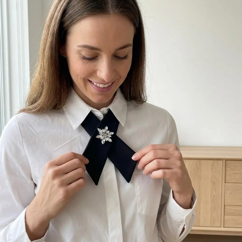 Chic Adjustable Criss Cross Bow Tie Snowflake Rhinestone Elegant Necktie Sparkling Solid Color Neck Accessory Cosplay
