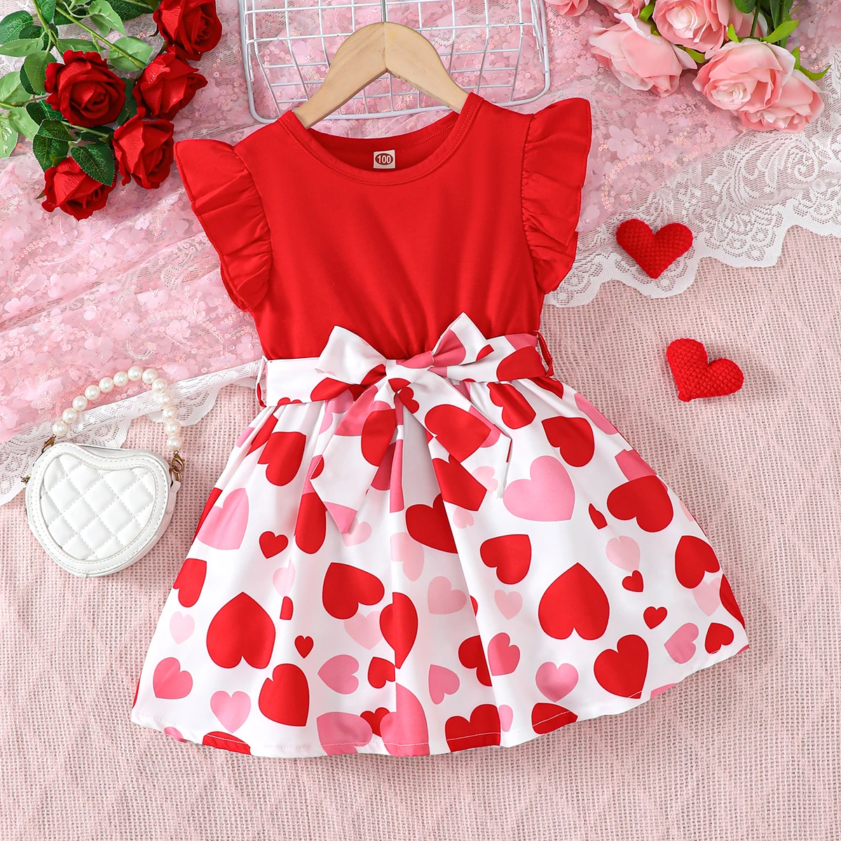Girls' Fashionable Casual Red Knitted Fabric Spliced with Love Print Skirt, Round Neck Flying Sleeve Dress, Summer