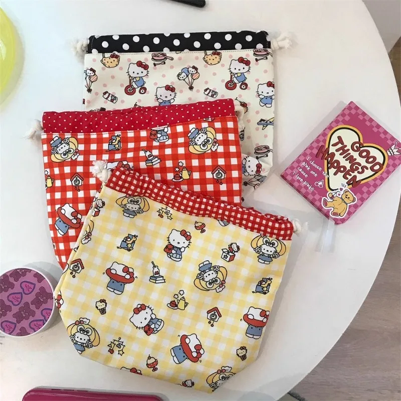 Hello Kitty Niedlicher Cartoon-Beutel mit Kordelzug und hohem Fassungsvermögen, bedruckter Stoff, Kosmetik-Organizer für Reisen, Retro-Stil, Kleinigkeiten-Beutel