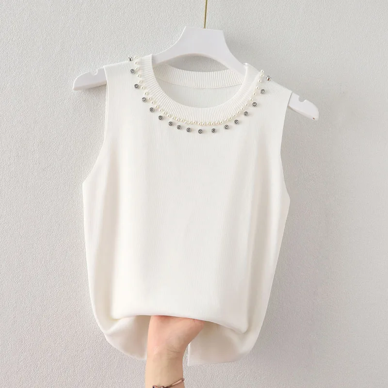 

Вязаный женский свитер, жилет, новый вязаный свитер без рукавов с круглым вырезом и бисером, жилет, женские топы, верхняя одежда, свитера Sueters De Mujer Q1311