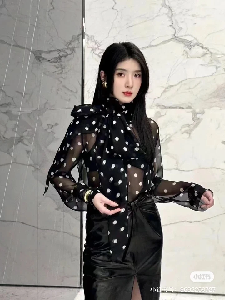 2024SS Spring Summer Fashion Women High Quality Dots Prints Silk Long Sleeve Shirt Blouse for Female