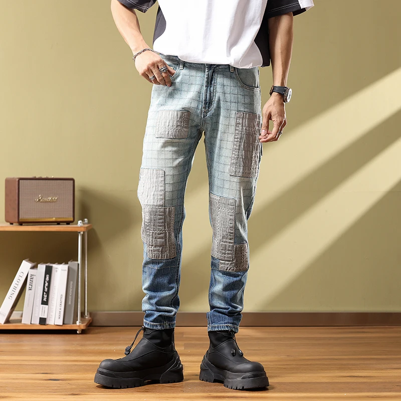 Men's patchwork slim fit small straight leg pants embroidered handsome personalized long pants men clothing  jeans for men