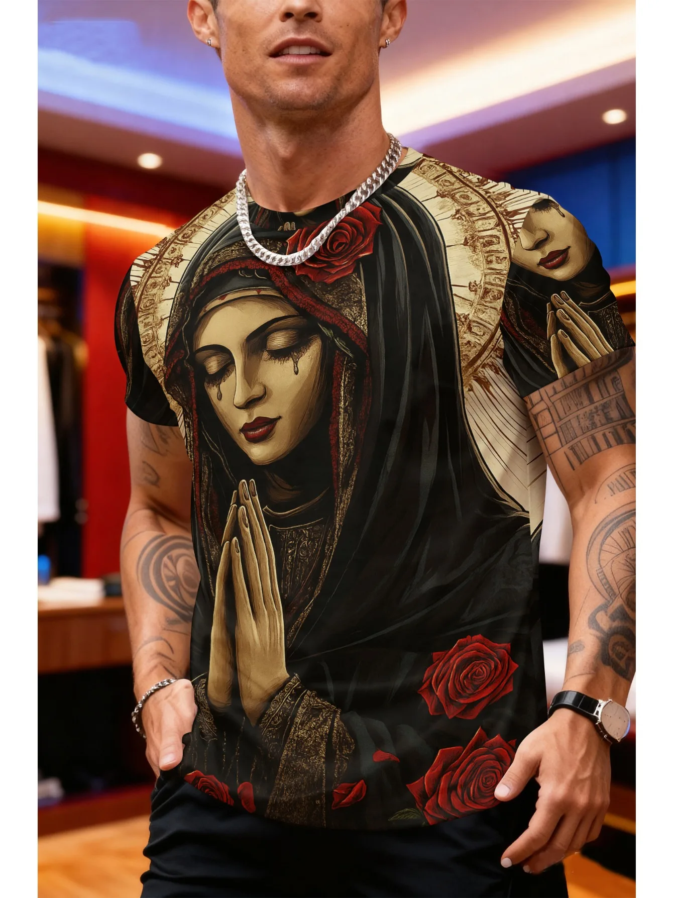 

Мужская футболка 3D Девы Марии и похожий, черная, с красными розами и золотым акцентом, культовая рубашка большого размера с религиозным принтом, мужская одежда