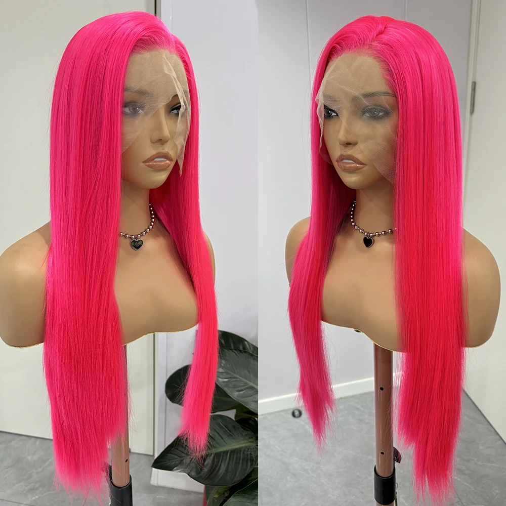 شعر مستعار وردي ساخن طويل مستقيم الشعر الاصطناعية الدانتيل الجبهة الباروكات للنساء مشرق الوردي طويل حريري مستقيم الدانتيل الشعر تأثيري ارتداء اليومي #4