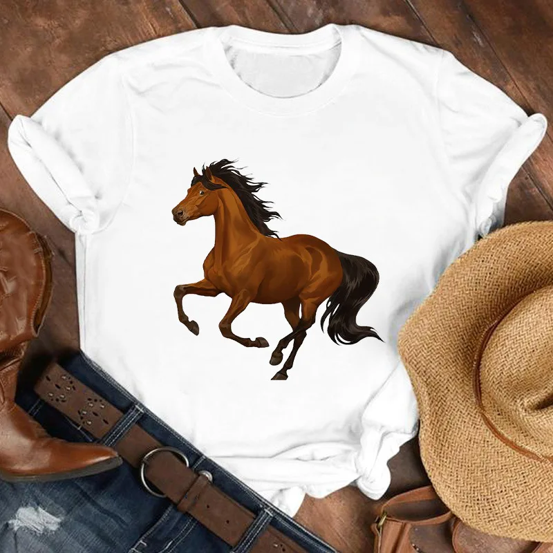 Europe and United States on The Summer New Horse Print Short Sleeve T-shirt Personality Round Neck Pullover Women's Tops Kawaii