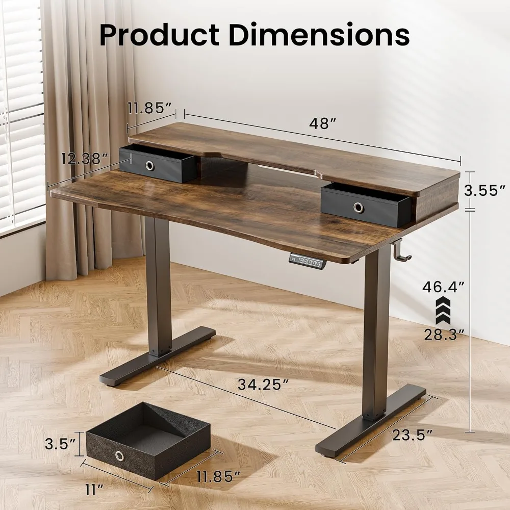 48x24 Inch Electric Standing Desk with Drawers, Rustic Walnut